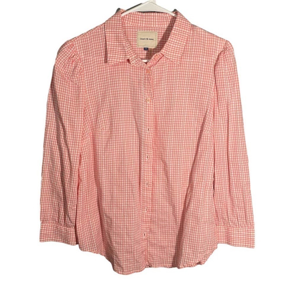 𝅺court & Rowe Pink Gingham 100% Cotton Button Down Blouse Size Medium